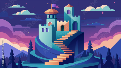 A mystical castle with winding staircases and secret passages requiring climbers to solve puzzles and overcome obstacles as they ascend to the top.. Vector illustration