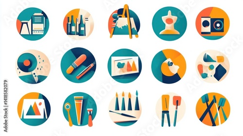 Colorful art supplies icons; studio background; website design