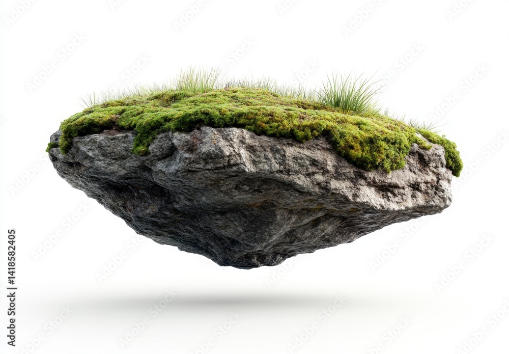 Fototapeta premium Floating Island with Grass and Moss on a White Background