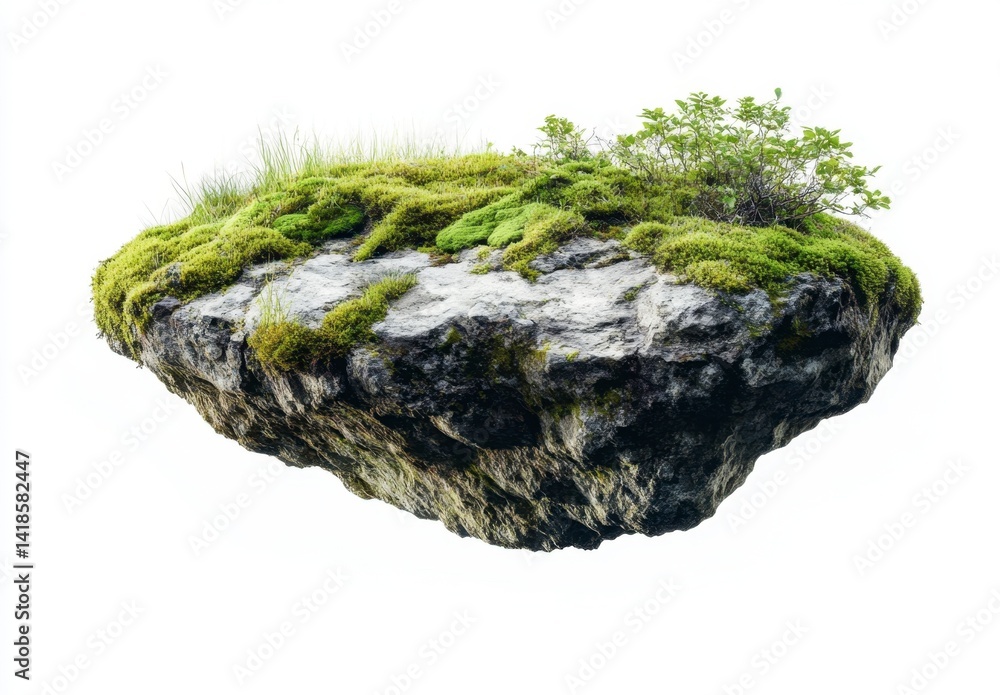 Floating Rock Island with Green Moss and Grass on a White Background Floating Rock Island with Green Moss and Grass on a White Background