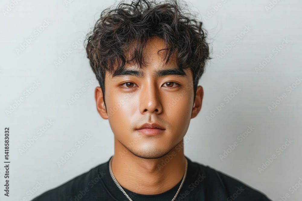 Obraz premium Close-up portrait of a young man with dark, curly hair and a neutral expression