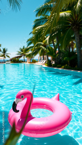 Inflatable pink flamingo circle swimming in the pool