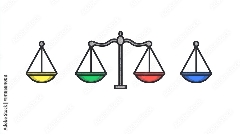 Colorful scales of justice icons; legal concept; white background; website design Colorful scales of justice icons; legal concept; white background; website design