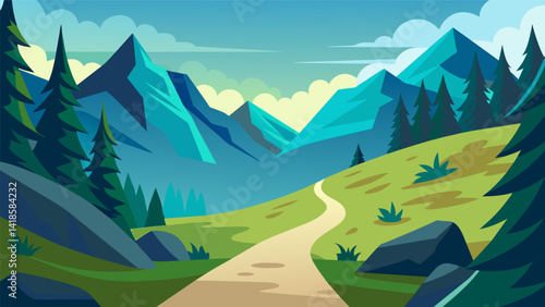 A virtual hike through a mountain trail complete with breathtaking views and the sounds of nature allowing you to temporarily escape the digital. Vector illustration