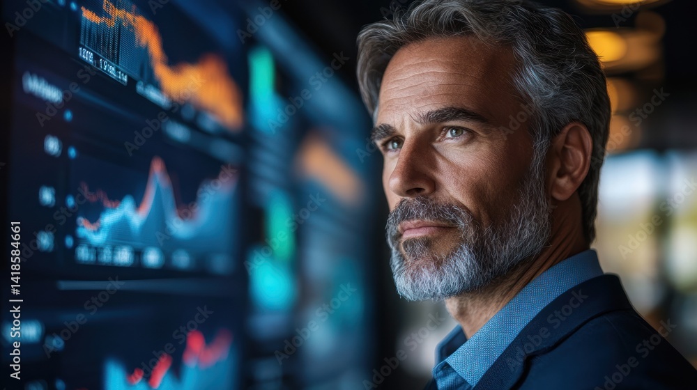 A focused businessman analyzes data on a digital screen, symbolizing modern decision-making and financial strategy. A focused businessman analyzes data on a digital screen, symbolizing modern decision-making and financial strategy.