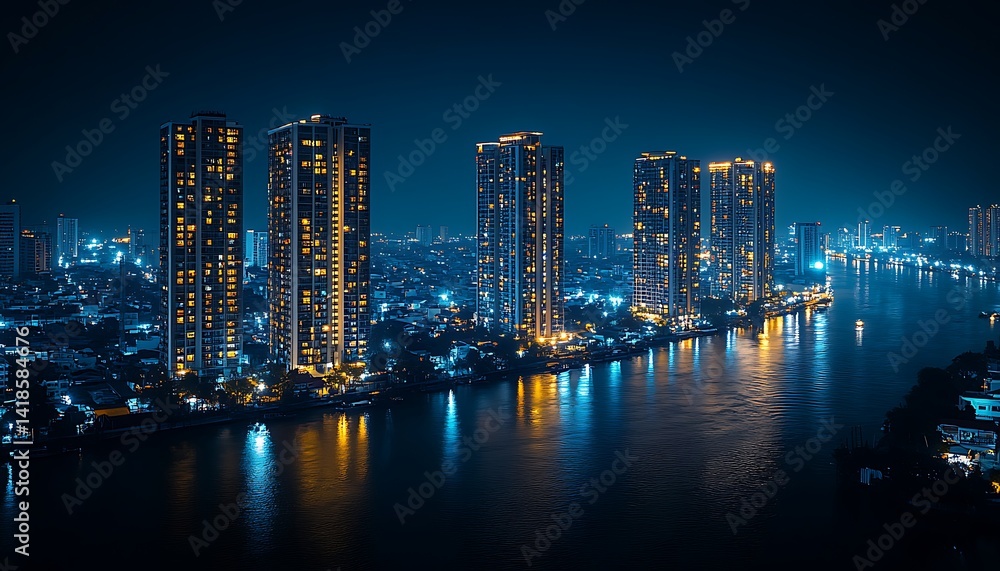 Fototapeta premium Night Cityscape with Illuminated Skyscrapers and River Reflections