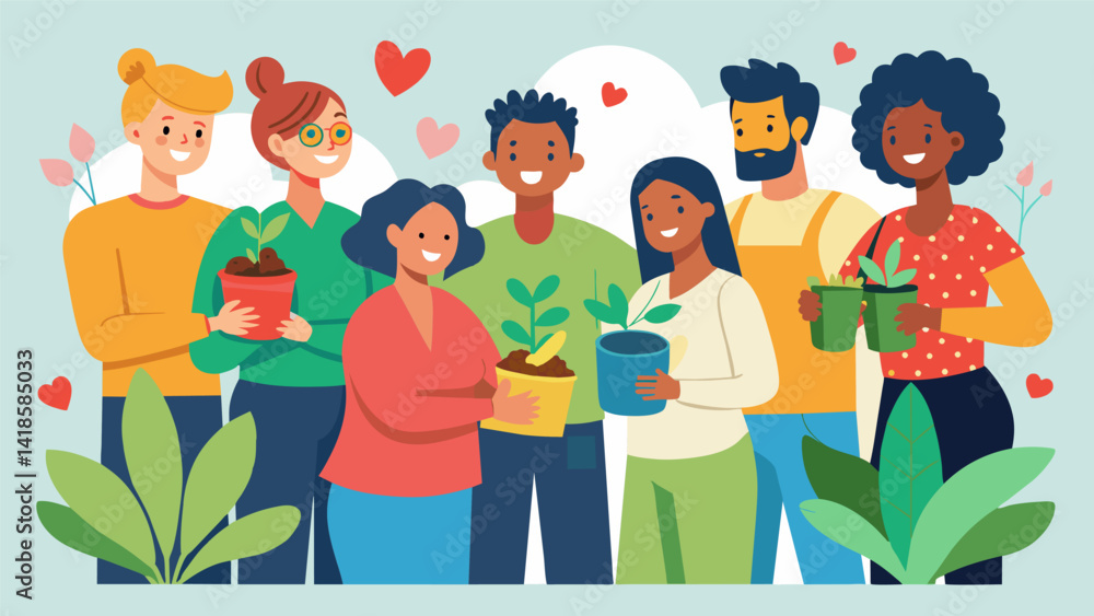 A diverse group of individuals bonding over their shared love for gardening swapping tips and techniques as they nurture the plants together.. Vector illustration A diverse group of individuals bonding over their shared love for gardening swapping tips and techniques as they nurture the plants together.. Vector illustration