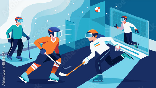 A practice session where players switch between real ice and virtual reality allowing for a more dynamic and immersive training experience.. Vector illustration