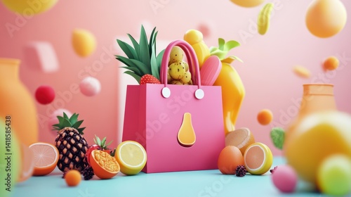 Pink bag, fresh fruits, pastel studio, floating produce, healthy shopping
