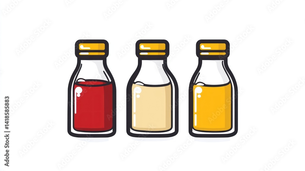 Three bottles with red, beige, and yellow liquids on white background for healthcare use Three bottles with red, beige, and yellow liquids on white background for healthcare use