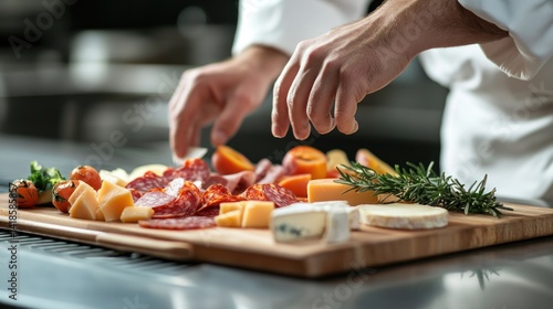 Chef preparing charcuterie board with artisanal cheese and cured meats elegantly displayed