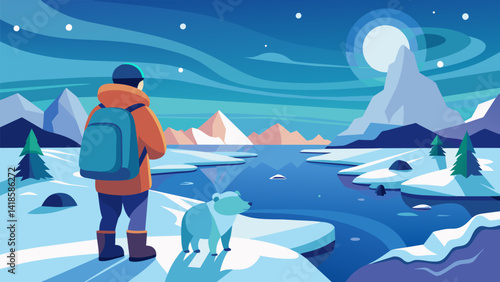 Exploring a virtual Arctic tundra the traveler bundles up in warm clothing and sets off on an icy trek taking in the breathtaking scenery and spotting. Vector illustration
