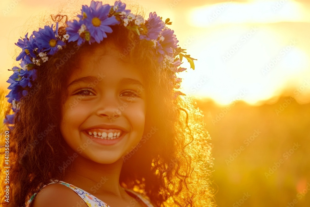Fototapeta premium Golden hour in sunset. Happy brazilian child girl wearing blue flower circlet on her head. Happy vacation time symbol. Sunny holidays for kids. Girl with flowers in her hair.