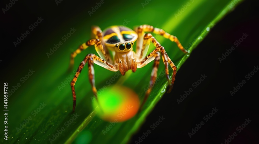 Fototapeta premium Colorful jumping spider on a vibrant green leaf.