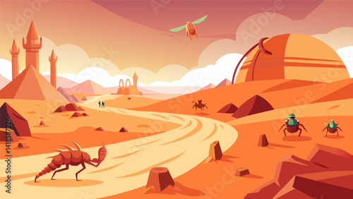 In the virtual desert race participants had to navigate through a sandstorm while avoiding giant scorpions and deadly quicksand s.. Vector illustration