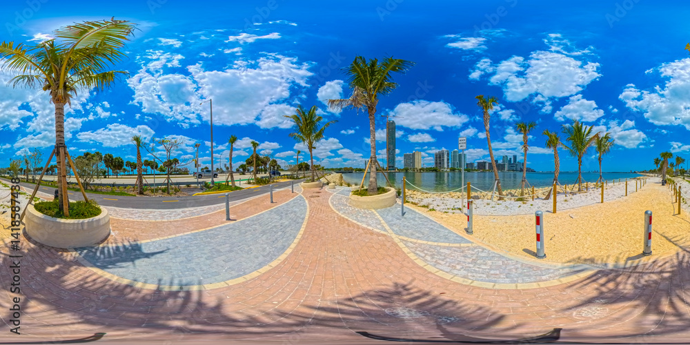 Key Biscayne renovation 2025. 360 equirectangular photo of palms and new bike lanes