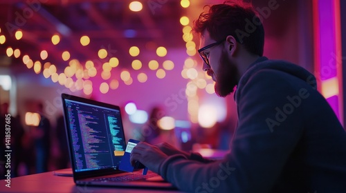 Software developer coding at tech event in modern space illuminated with colorful lights