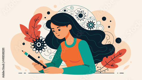 A girl drawing intricate and delicate patterns with a black pen representing her complex thoughts and emotions in a calmer and more structured way in. Vector illustration