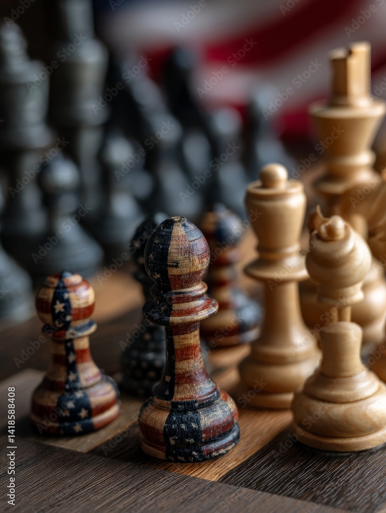 Obraz premium Mid-Game Strategy: 3D American-Themed Chess Set on Light Wooden Surface