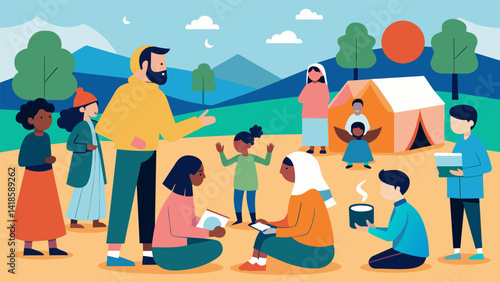 As part of their cultural immersion training the group visits a nearby community of refugees and engages with them through games and activities.. Vector illustration