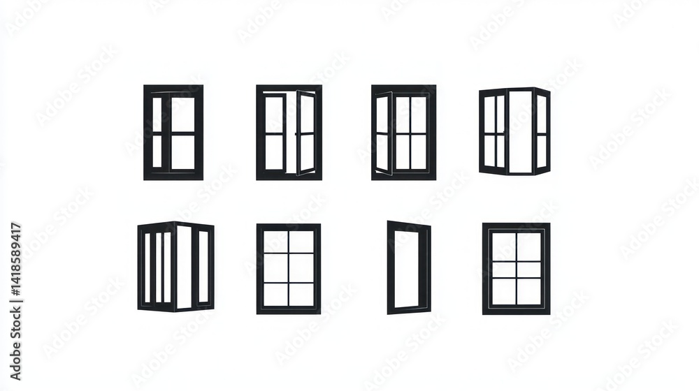 Collection of black window frame illustrations on a white background for design Collection of black window frame illustrations on a white background for design