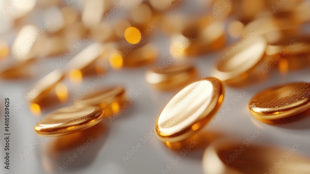 Gold tablets scattering on white surface, bokeh background, medical/luxury concept Gold tablets scattering on white surface, bokeh background, medical/luxury concept