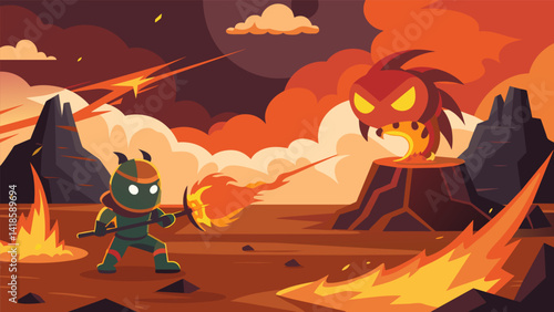 Battling through a volcanic landscape avoiding molten lava streams and competing against firebreathing creatures.. Vector illustration