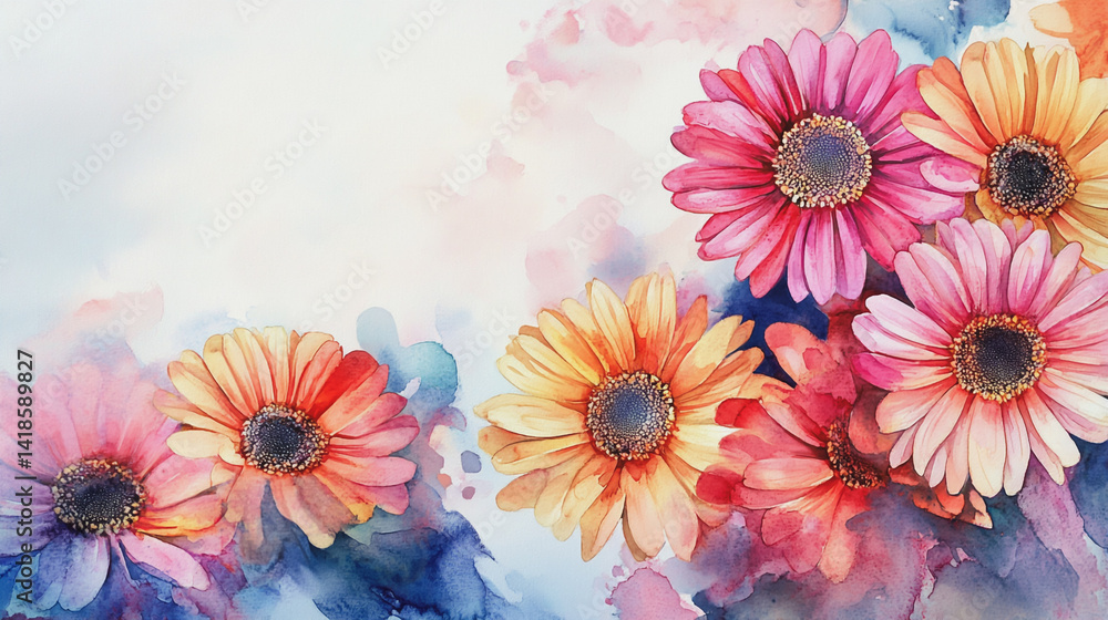 Elegant wedding invitation card background . Minimal hand painted watercolor Gerbera flowers texture template background. Design for wedding, vip cover, poster, rsvp moderncard.Valentine's Day Elegant wedding invitation card background . Minimal hand painted watercolor Gerbera flowers texture template background. Design for wedding, vip cover, poster, rsvp moderncard.Valentine's Day