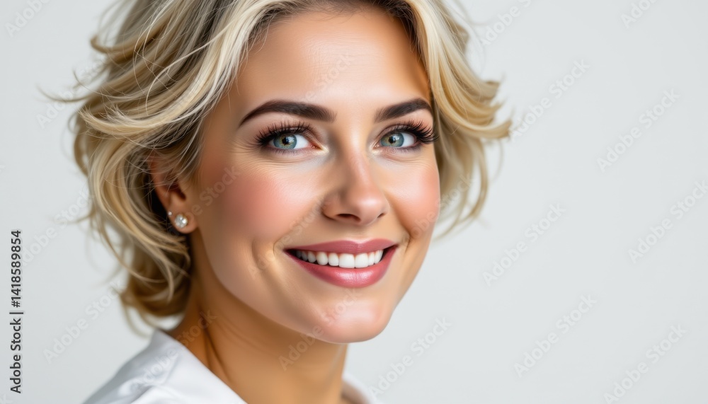 Smiling woman portrait studio setting photography bright lighting close-up beauty and confidence Smiling woman portrait studio setting photography bright lighting close-up beauty and confidence