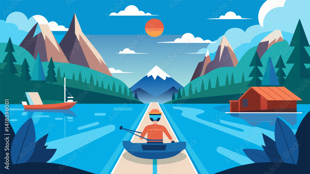 Get a taste of the wilderness as you virtually row through a remote and isolated lake surrounded by breathtaking natural landscapes and wildlife.. Vector illustration Get a taste of the wilderness as you virtually row through a remote and isolated lake surrounded by breathtaking natural landscapes and wildlife.. Vector illustration