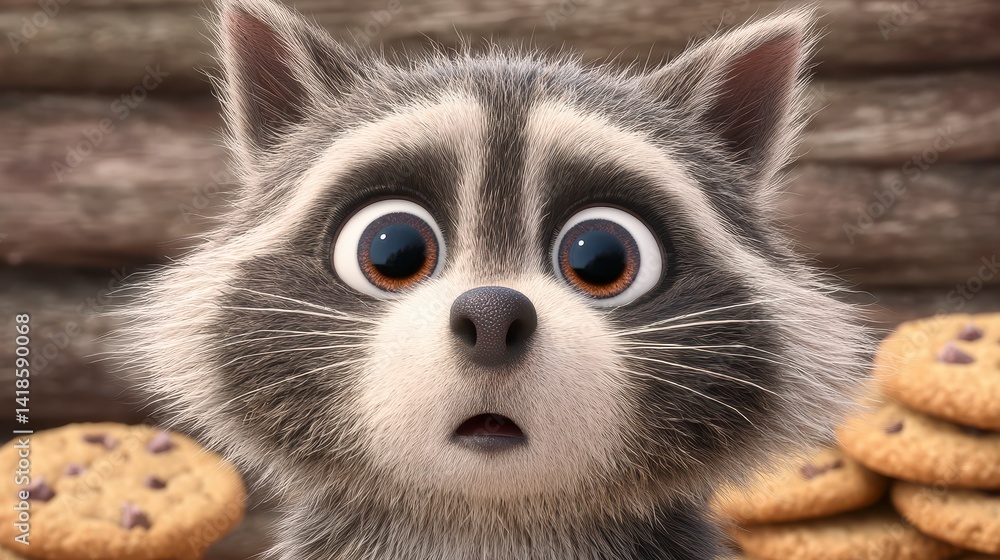 Obraz premium Surprised Raccoon with Chocolate Chip Cookies Close Up
