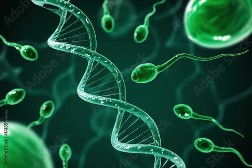 Green DNA helix with sperm cells in motion.