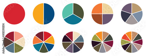 Pie chart set, colored segmented circle icons, pie chart divided equal parts, ring percentage wheel, circle diagram with sections