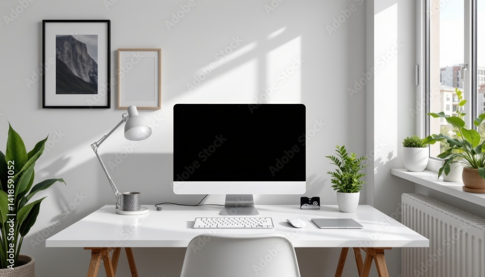 Fototapeta premium Creative workspace setup for productivity home office interior design bright environment aerial view modern concept