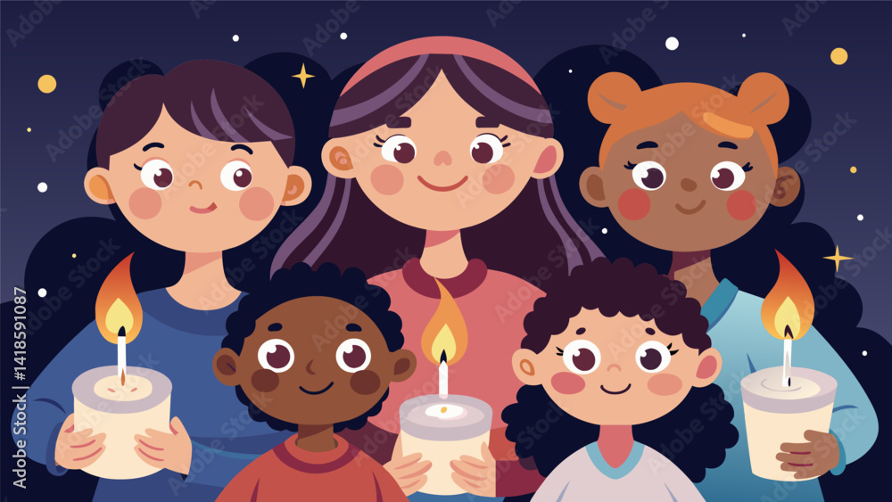 Childrens faces are filled with wonder and awe as they hold their candles for the first time participating in this meaningful tradition alongside. Vector illustration