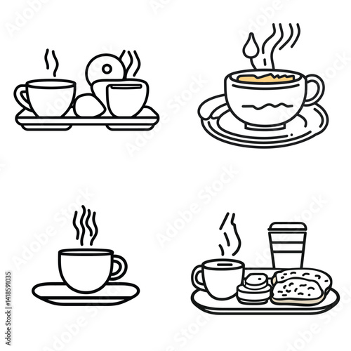 Coffee and Breakfast Icons. Espresso Cups, Donuts, and Takeaway Coffee. Line Art