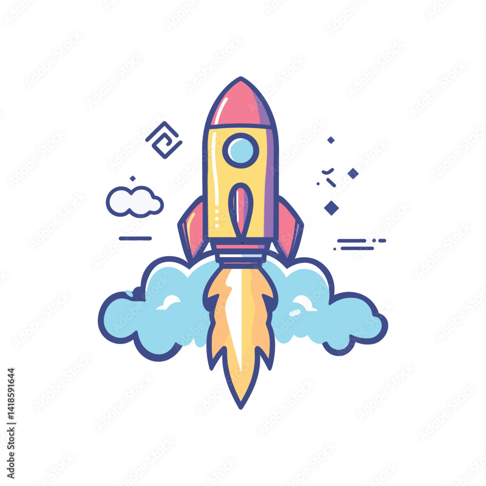 Colorful Rocket Ship Launching with Flames and Clouds on Transparent Background Colorful Rocket Ship Launching with Flames and Clouds on Transparent Background