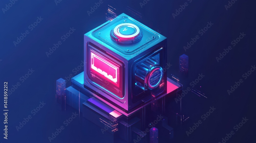 Obraz premium Futuristic data cube glowing, city background, digital storage, tech concept
