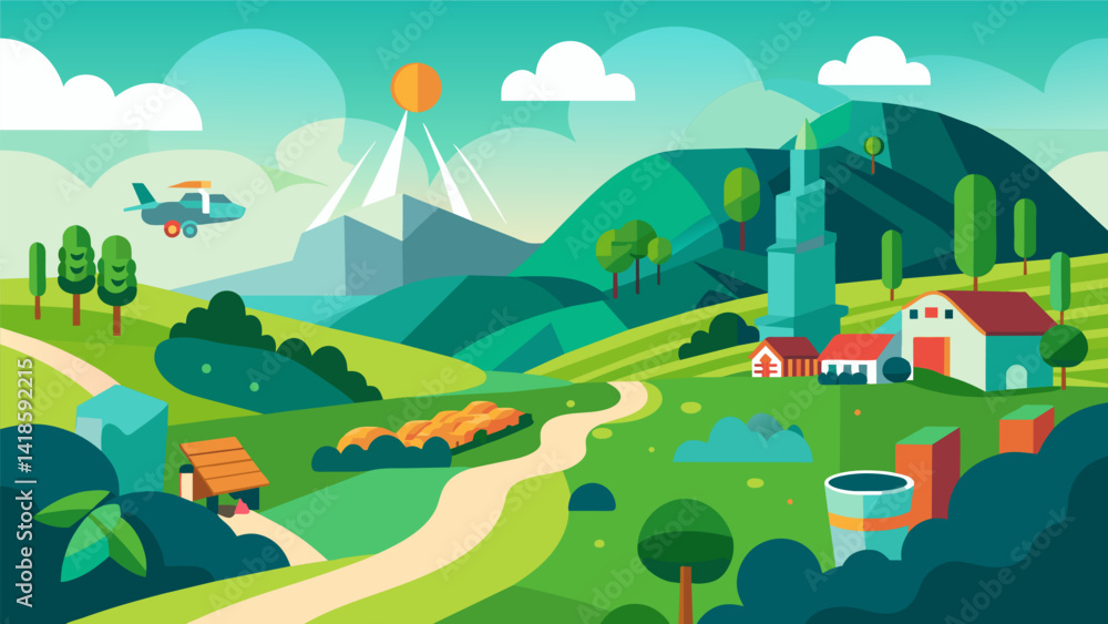 A scenic ride through a virtual countryside promoting sustainable farming practices and the importance of protecting natural landscapes.. Vector illustration