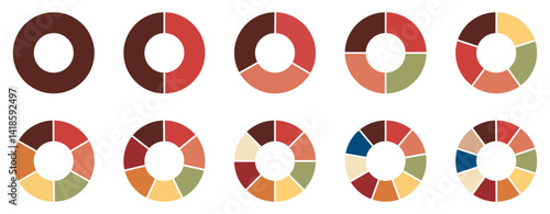 Pie chart set. Circle section graphs. Pie chart divided 1,2,3,4,5,6,7,8,9,10, equal parts. Wheel round diagram part symbol. Ring percentage diagram collection. Vector illustration 