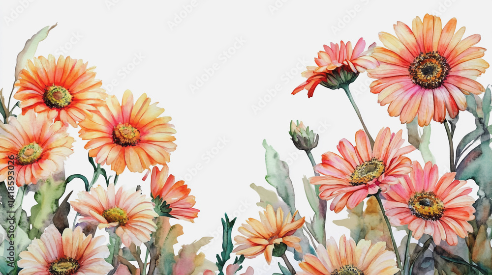 Elegant wedding invitation card background . Minimal hand painted watercolor Gerbera flowers texture template background. Design for wedding, vip cover, poster, rsvp moderncard.Valentine's Day Elegant wedding invitation card background . Minimal hand painted watercolor Gerbera flowers texture template background. Design for wedding, vip cover, poster, rsvp moderncard.Valentine's Day
