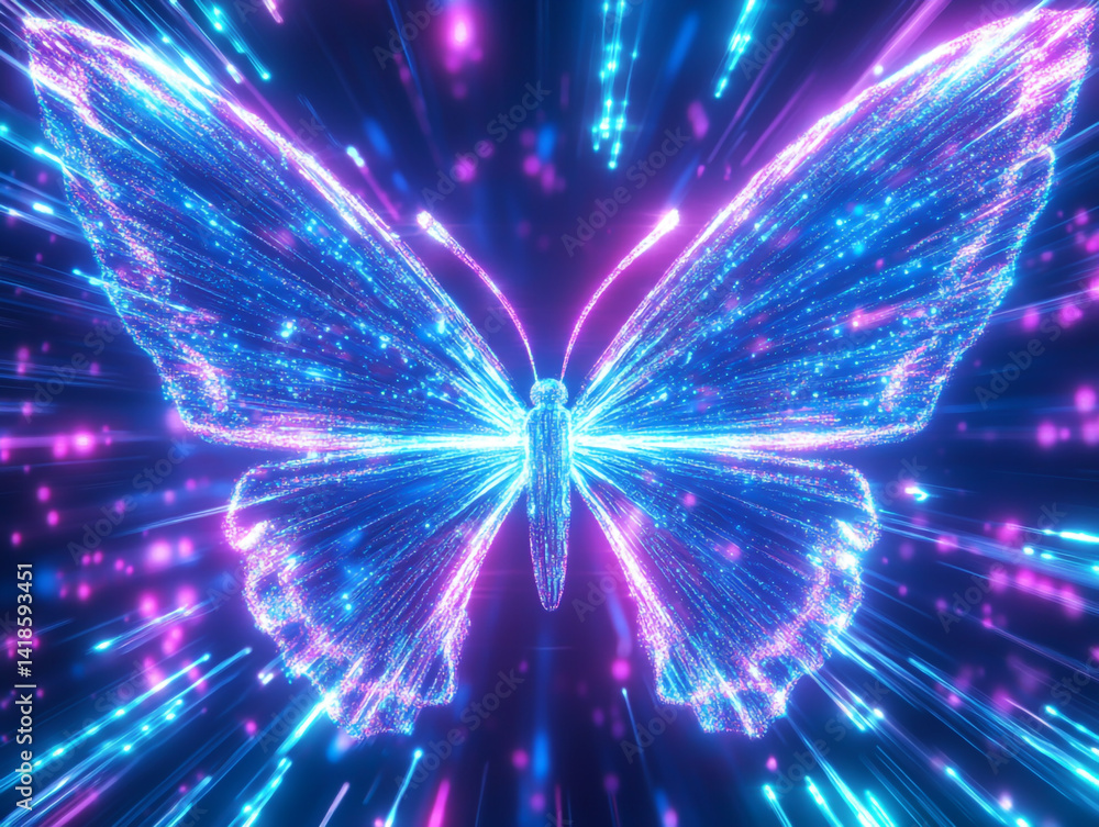 Obraz premium A vibrant butterfly composed of glowing light rays and dynamic arrows, representing swift performance and agility in the digital realm.