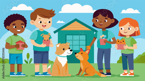 Obraz na płótnie A group of children from a local summer camp visiting a shelter and learning about the importance of pet adoption and how they can make a difference. Vector illustration w salonie