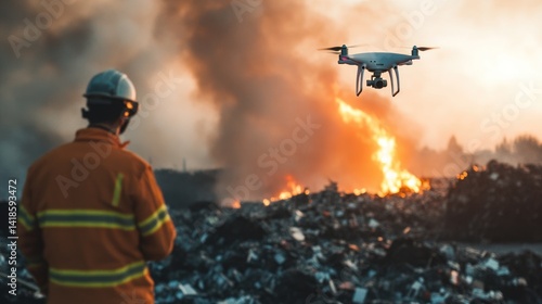Drone pilot observes a fire at a recycling facility providing aerial surveillance