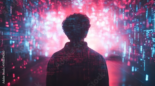 A silhouette of a person gazing into a vibrant digital landscape filled with colorful data visuals, representing modern technology and innovation.