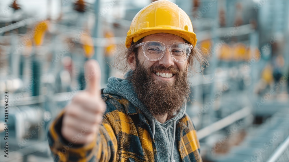 A smiling worker in a hard hat gives a thumbs up on a construction site, showcasing safety and positivity in the workplace. A smiling worker in a hard hat gives a thumbs up on a construction site, showcasing safety and positivity in the workplace.