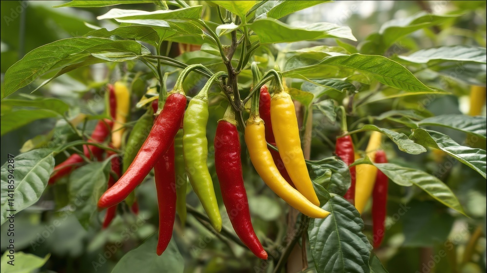 Vibrant Chili Peppers in Vivid Colors Growing on a Lush Green Plant in a Garden Setting
