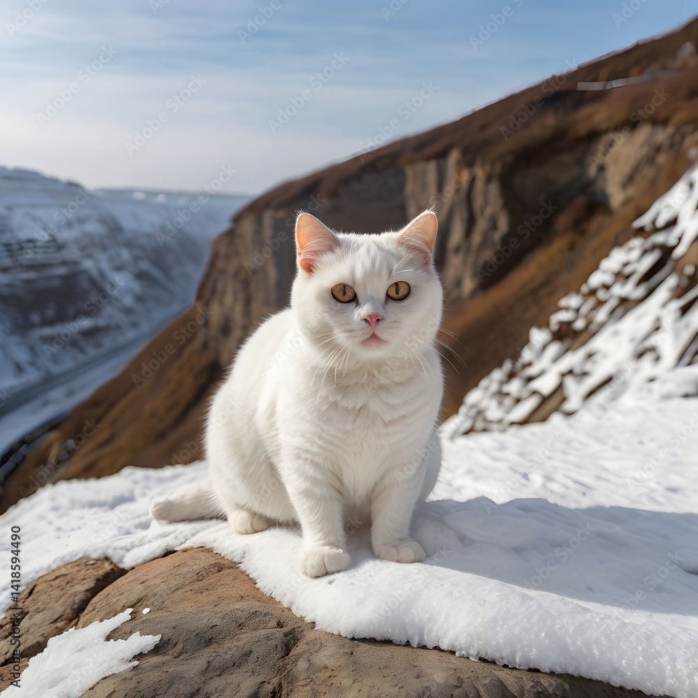 Obraz premium Brave little white Cat standing near cliff AI Generated Image