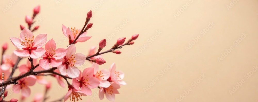 Fototapeta premium Deciduous branches adorned with artificial flowers in shades of pink and peach, set against a warm beige background , wooden frame, wall decoration, pastel colors