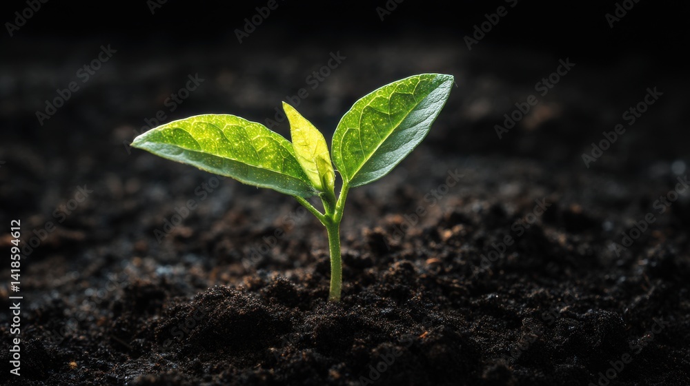 Fototapeta premium Green Seedling Emerging from Dark Soil with Natural Light Highlighting Fresh Leaves and Rich Earth for Growth and Renewal Themes in Nature Photography